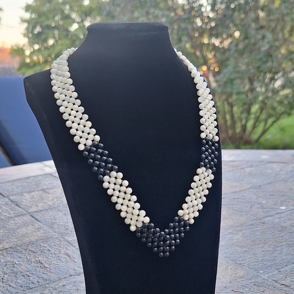 Mother of Pearl & Black Onyx Multi-Strand Necklace – Mid-Century 50s-60s